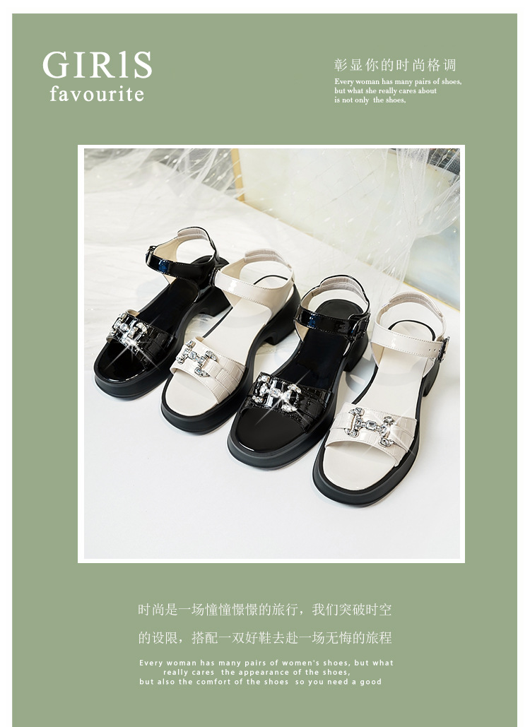 Sandal cao gót nữ da bò đế dày quai ngang đính đá — màu đen chi tiết 1