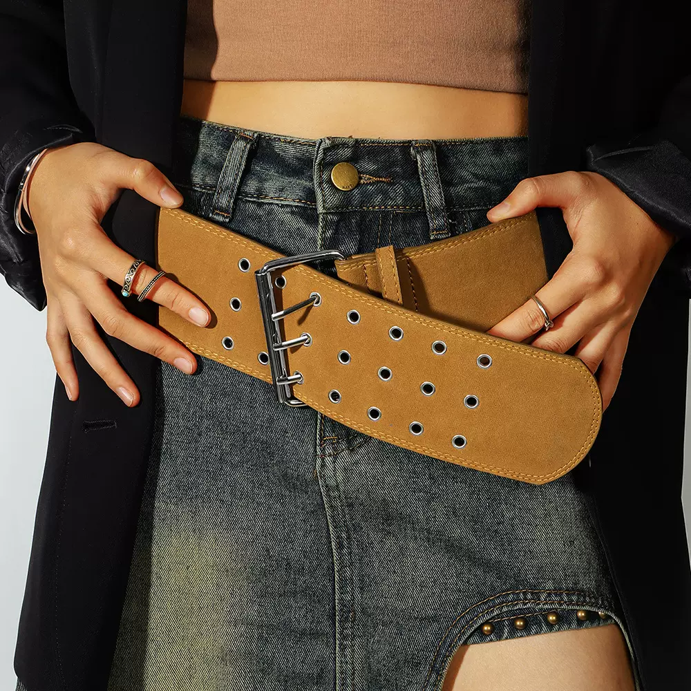 欧美跨境腰带气眼三排扣土黄色麂皮腰封装饰大衣冬季时尚百搭朋克