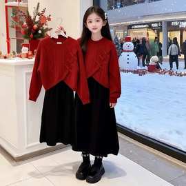 女童红色拜年服秋冬新款中国红毛衣背心裙中大童两件套裙子套装
