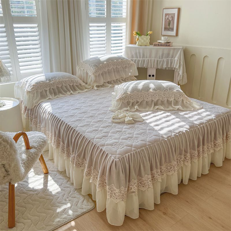 S2V High-Looking Thickeneded Quilted Milk Velvet Bed Skirt Single-Piece Bed Cover Winter Coral Velvet Bed Sheetss Anti-Slip Fleece-Lined Bed
