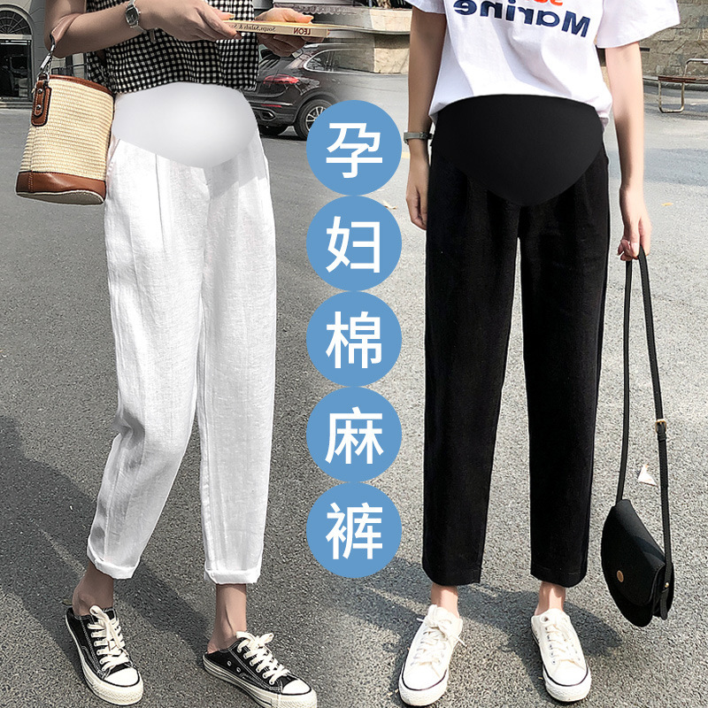 Pregnant women's cotton and linen cropped pants summer thin outer wear small early bottoming harem pants spring casual pencil pants