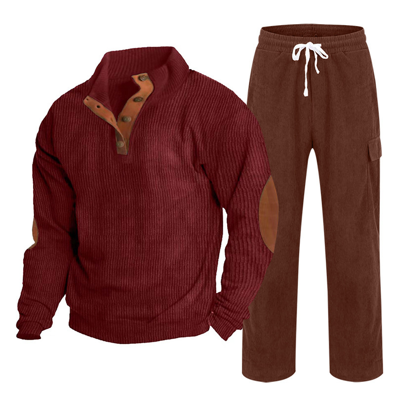 Cross-border men's autumn and winter new sportswear two-piece corduroy button henry shirt and straight pants casual suit