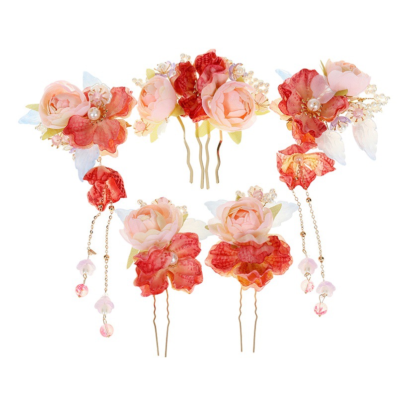 古風漢服頭飾り仙気絹花髪クリップ瑠璃セット