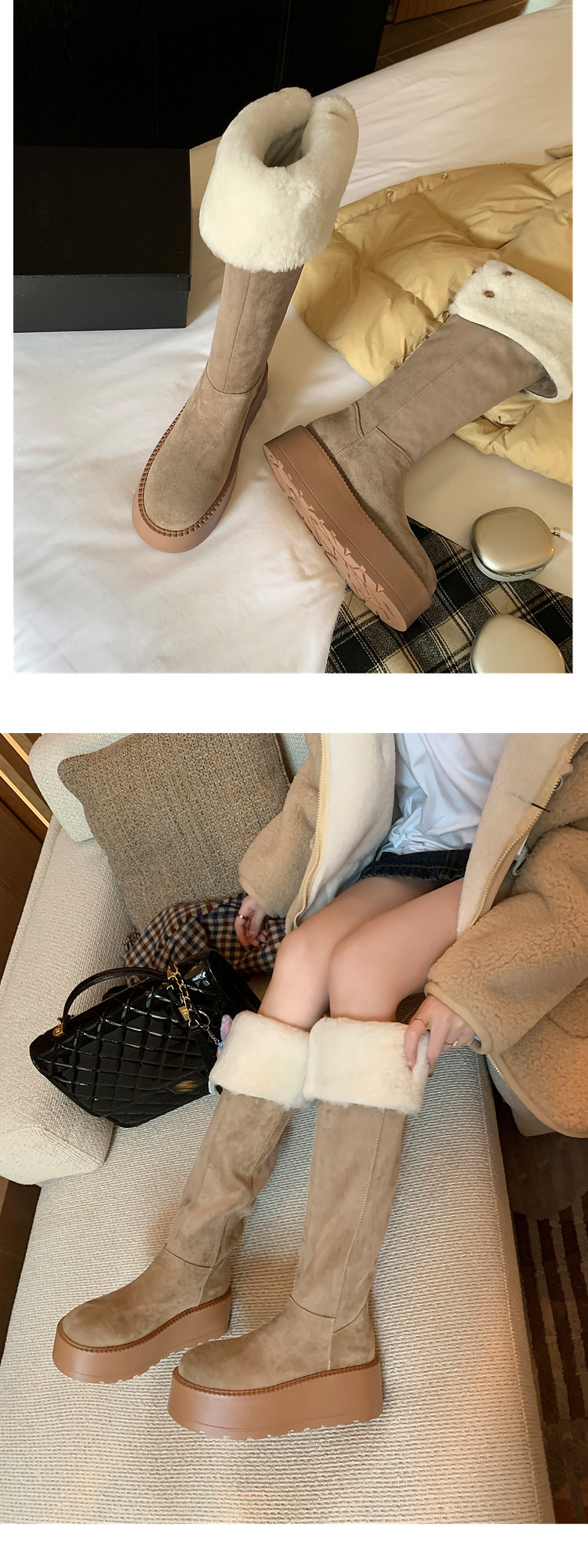 Boot nữ cổ cao lông cừu ấm áp đế dày tăng chiều cao — màu đen chi tiết 9