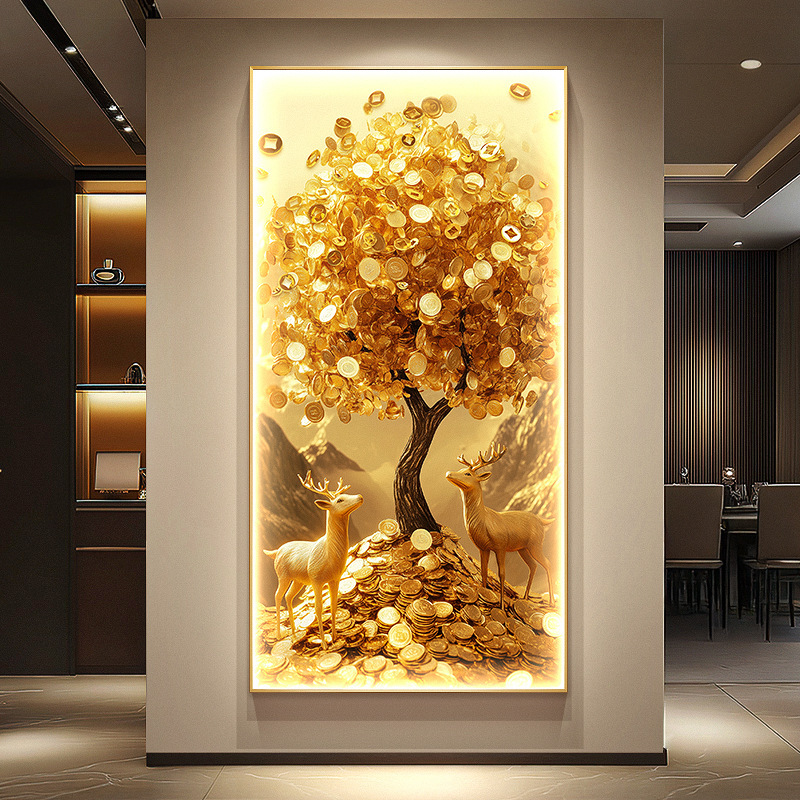 ライト高級フォーチュンツリー玄関装飾絵画ゴールド 0kg 廊下壁画ランプ幸運の鹿玄関ドア壁掛け絵画|undefined