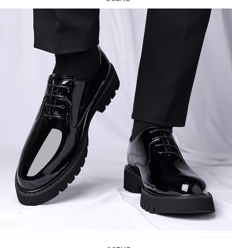 Giày da nam công sở da bóng mũi nhọn buộc dây đế dày — màu đen, Đen xanh lá, Đen đỏ chi tiết 23