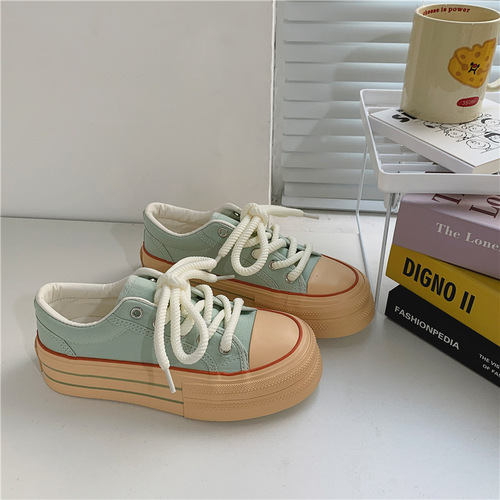 Student thick-soled low-cut mint green canvas shoes for women  Korean version sports and leisure all-match white shoes breathable women's shoes