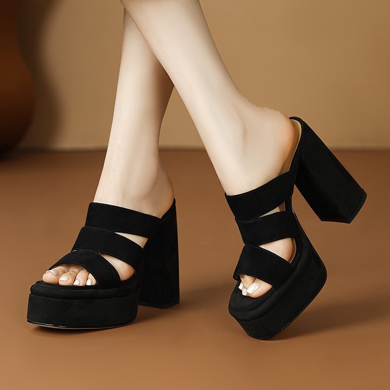 Sandal cao gót nữ hở mũi gót thô 12 cm đế dày phong cách La Mã — đen