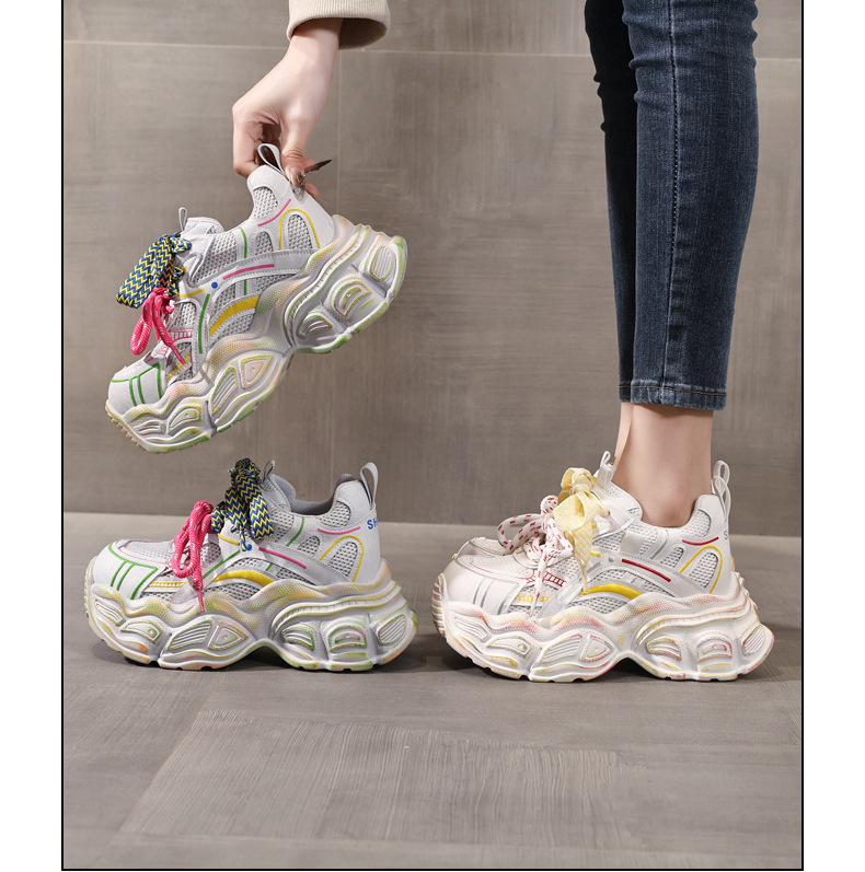 Giày thể thao nữ đế dày lưới thoáng khí phong cách dad sneaker — Trắng vàng chi tiết 17