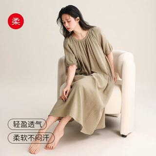 春夏纯棉双层绉布睡裙女圆领中长款宽松休闲可外穿法式家居服裙装