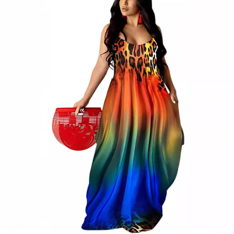 Women's Summer plus size Hawaiian dress Tie-Dye Thin Strap Super Long dress Beach Bohemian Dress