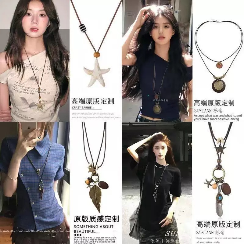 Korean Niche Design Bm Same Style Silver Leaf Necklace Women's Long Necklace Punk Retro Y2K Neck Jewelry Trend