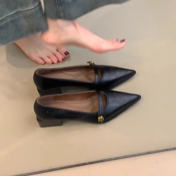 Versión de piel de oveja ~ Zapatos retro de tacón alto de boca baja para mujer Camellia hebilla de una palabra zapatos de tacón grueso zapatos de Mary Jane de temperamento puntiagudo
