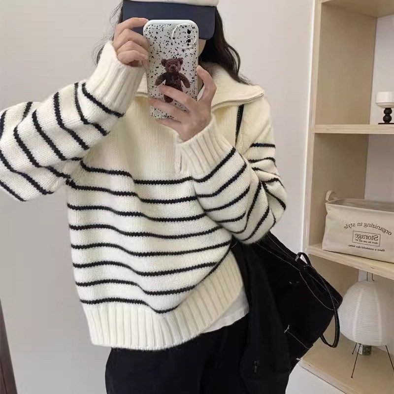Korean Style Striped Half-Zip Pullover Sweater, New Spring and Autumn Style, Loose and Versatile, Lazy Style Raglan Sleeve Knit Top Korean Style Striped Half-Zip Pullover Sweater, New Spring and Autumn Style, Loose and Versatile, Lazy Style Raglan Sleeve Knit Top