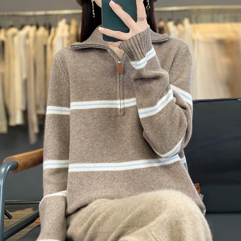 2025秋冬新款100羊毛衫女式宽松Polo领半拉链套头卫衣针织衫毛衣|undefined