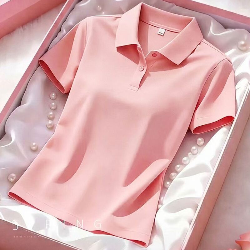 Ice Silk Cotton Turn-Down Collar Short-Sleeve T-Shirt, Summer Dopamine Multi-Color, Middle-Aged Mom's Women's Top, Slimming, Simple, Workwear Ice Silk Cotton Turn-Down Collar Short-Sleeve T-Shirt, Summer Dopamine Multi-Color, Middle-Aged Mom's Women's Top, Slimming, Simple, Workwear