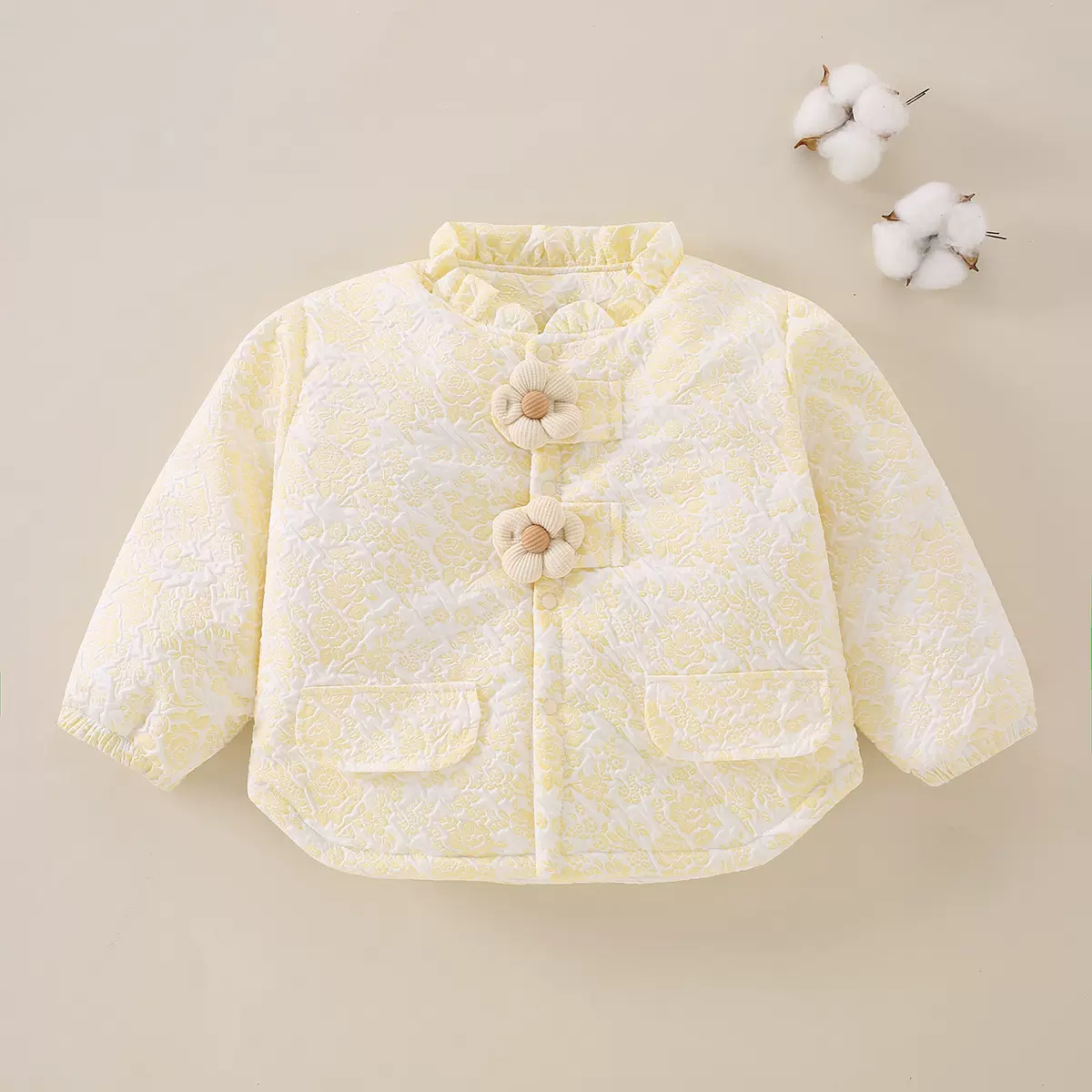 秋冬季新款女宝宝200克夹棉棉花单上衣对开门开衫小花图案外出服