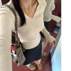 法式Polo领长袖内搭针织衫女2025秋季新款修身显瘦毛衣打底衫上衣