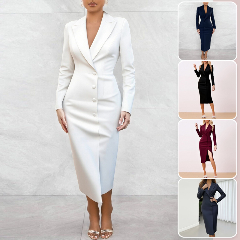 2026 European and American Cross-Border Women's Clothing Autumn New Fashion Commuter Solid Color Long-Sleeve V-Neck Buttoned Slim-Fit Dress 2026 European and American Cross-Border Women's Clothing Autumn New Fashion Commuter Solid Color Long-Sleeve V-Neck Buttoned Slim-Fit Dress
