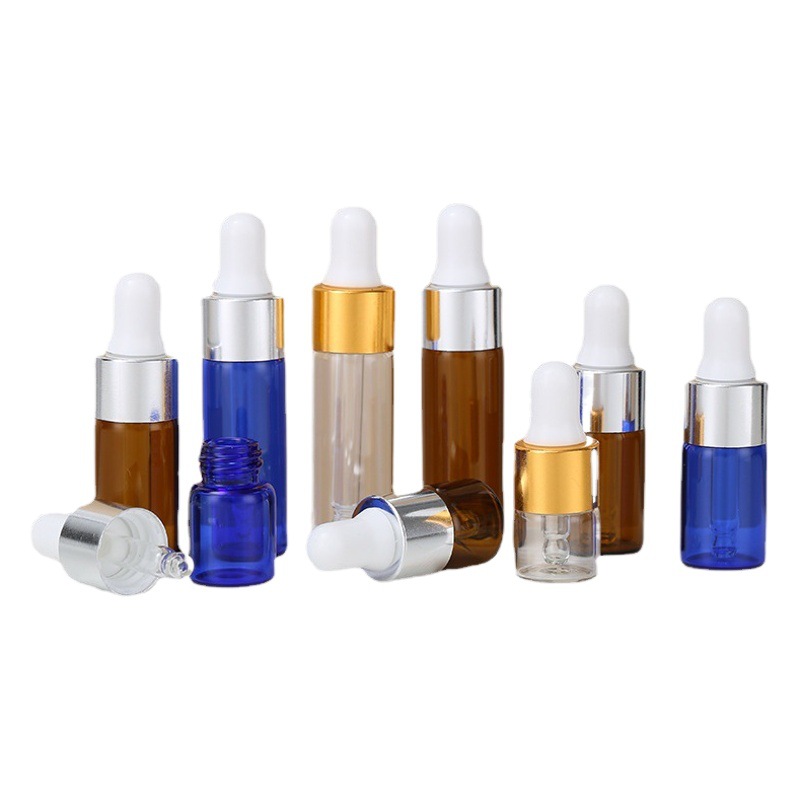 Botella de aceite esencial marrón caliente 5ml botella gotero de cabeza de plástico azul esencia loción sub-botella material de embalaje cosmético al por mayor
