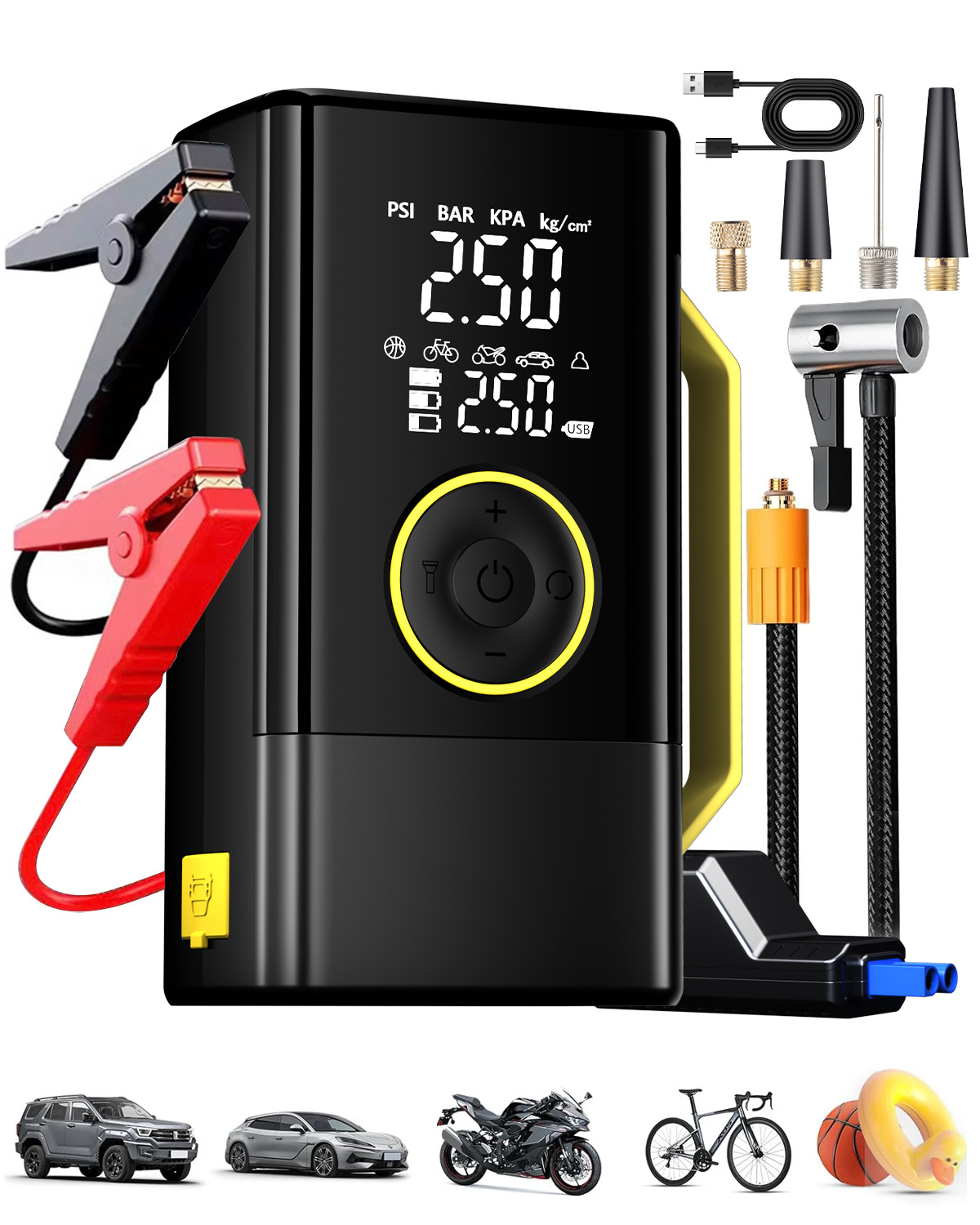 Intelligent digital display car wireless air pump all-in-one device with power bank, portable lighting, and car backup power source