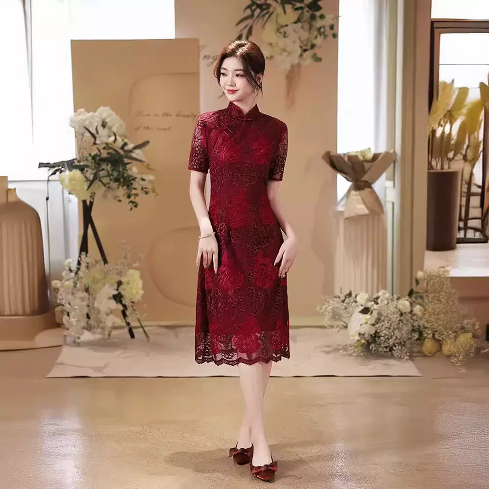 旗袍敬酒服新娘夏季喜婆婆婚宴装结婚礼服妈妈蕾丝酒红色订婚