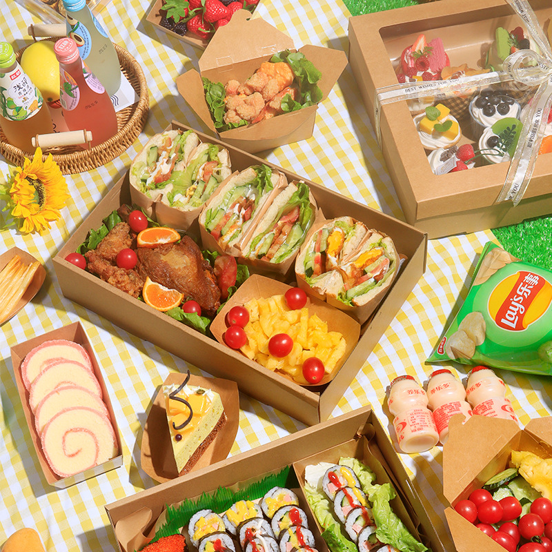 野餐盒子一次性餐盒露營戶外春遊水果便當壽司網紅牛皮紙打包盒