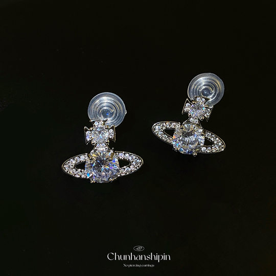 Empress Dowager Saturn Zircon Earrings Advanced Sense Mosquito Incense Plate Earrings Without Ear Holes Women's Cold Wind Earrings
