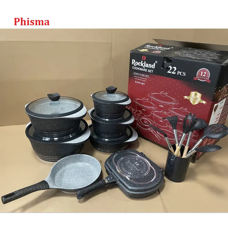 Juego de ollas de fundición a presión de aluminio de granito juego de 22 piezas de utensilios de cocina antiadherentes estilo hoja de loto tapa de vidrio de silicona fondo de inducción fondo