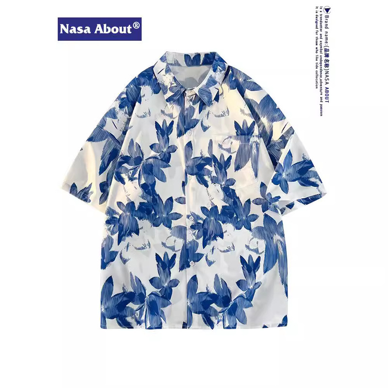 Nasa Beach Ice Silk Flower Shirt Men's Short-Sleeved Summer Thin Handsome Loose Casual Three-Quarter Sleeve Jacket Shirt