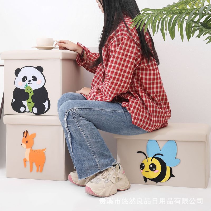 新しいパッチ刺繍収納スツール、蓋付き大型収納ボックス、小型スツール、折りたたみ式靴交換スツール、収納ボックス、防塵収納|undefined