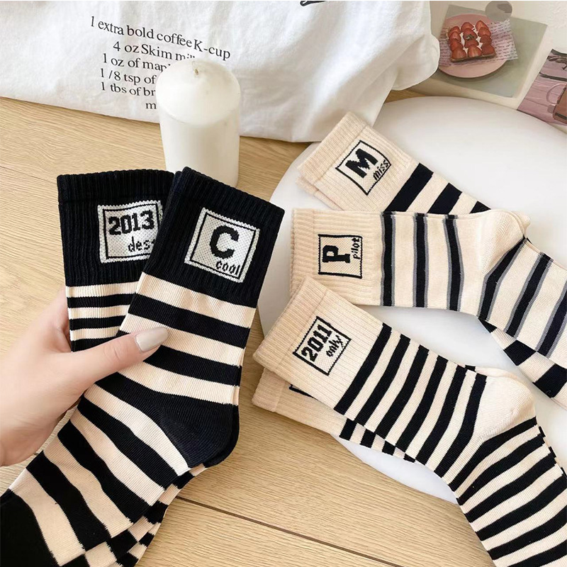 Free shipping one-piece delivery socks women's autumn and winter mid-calf length socks Korean-style striped fashionable all-match breathable stockings