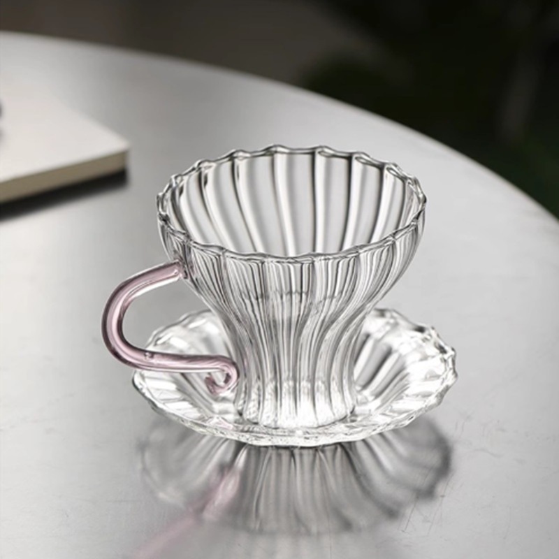 粉色蝴蝶透明玻璃茶杯带把女士品茗杯普洱茶杯带杯垫咖啡杯高颜值|undefined