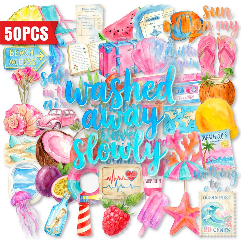 Cross-Border Direct Purchase of 50 Watercolor Beach Diary Transparent Pet Stickers, Summer Fresh Transparent Waterproof Decorative Stickers