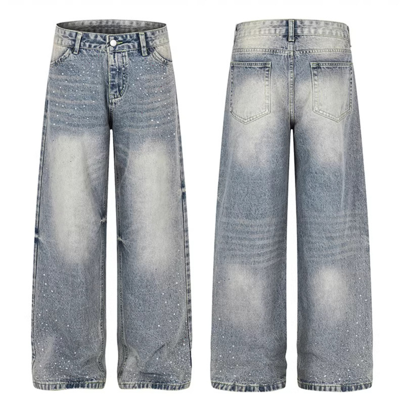 Retro Washed Rhinestone Straight Leg Jeans Loose Fit Casual Versatile Men Women High-End Design Summer Style_mkmklike.com