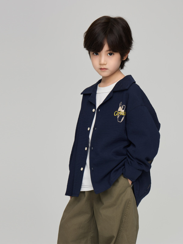 2025秋季新款儿童美式复古字母印花休闲衬衣男童宽松洋气翻领衬衫|undefined