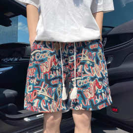 新品男装海岛度假风沙滩裤男短裤夏季薄款情侣宽松休闲提花五分裤