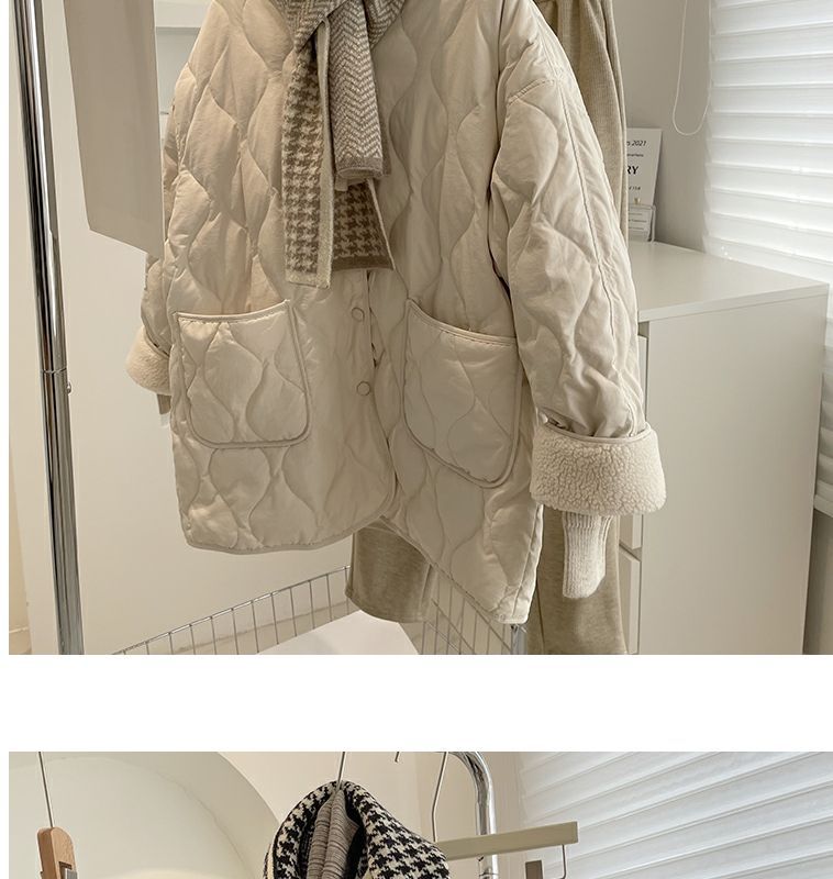 Collarless lamb wool splicing light and thin winter Korean version loose small fragrant dia plaid warm cotton jacket_voghion.com