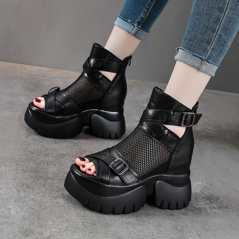 Sandal cao gót nữ mũi hở đế xuồng da bò cao cổ phong cách La Mã — màu đen