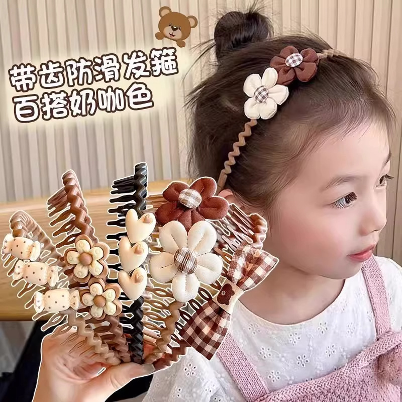 儿童秋冬奶咖可爱花朵发箍女童碎发梳卡通发卡带齿防滑碎发头箍女|undefined