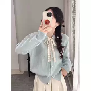 秋冬蕾丝蝴蝶结新款软糯甜美韩系毛衣针织衫女系带单排扣显瘦外套