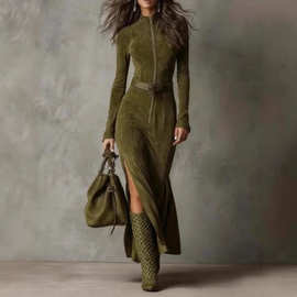 欧美跨境亚马逊2025秋冬时尚新款女装双面优雅气质拉链立领连衣裙