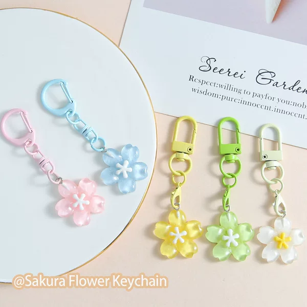 Colorful Girl Heart Cherry Blossom Keychain Cute Fresh and Transparent Color Flower Pendant Girlfriend Small Gift Bag Accessories