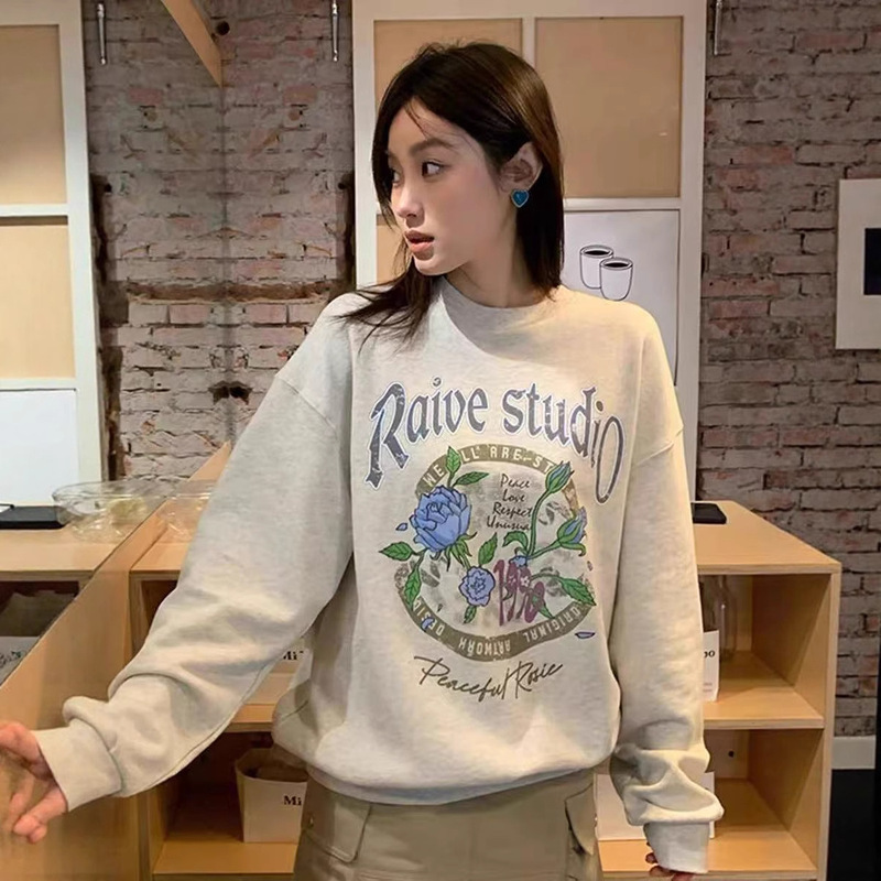 Korean Niche Trendy Brand 25 Autumn Rai*E American Retro Rose Monet Garden Terry Sweatshirt Top for Women