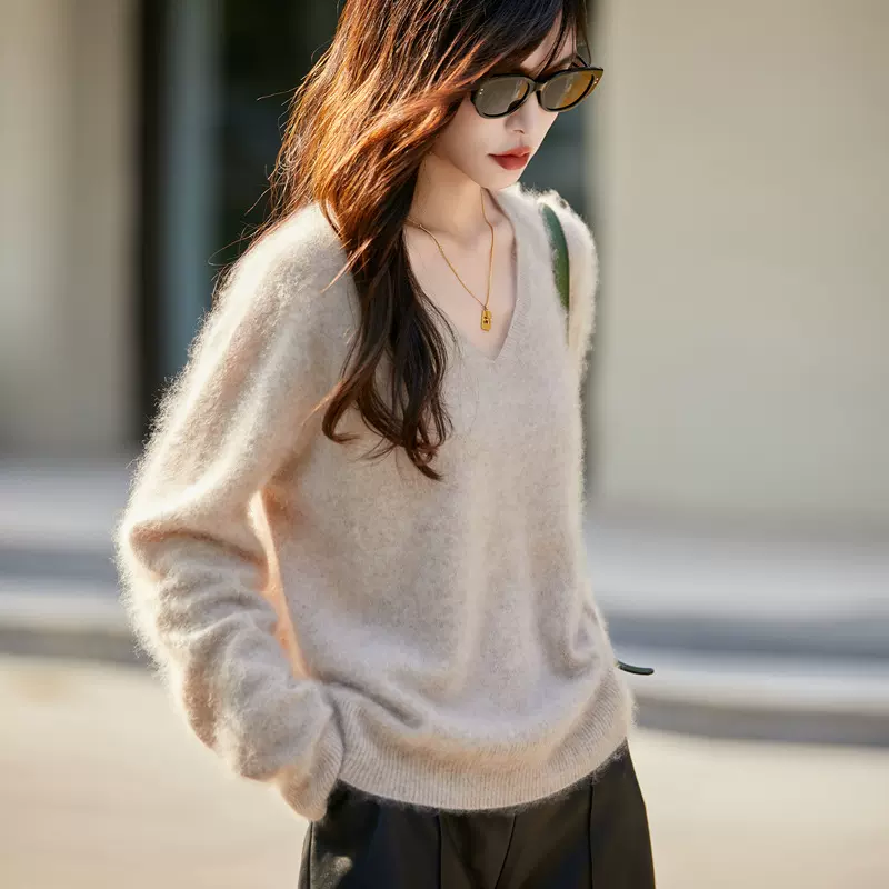 25秋冬基础V领无缝一体拉毛羊毛衫女套头毛衣慵懒宽松内搭针织衫