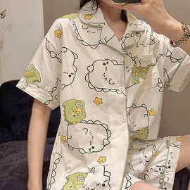 恐龙睡衣女款2024夏季新款短袖日系卡通可爱开衫可外穿家居服套装