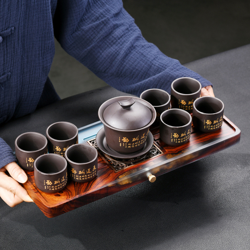 Bandeja de té de resina de sándalo rojo de hoja pequeña bandeja de té de madera maciza Oficina húmeda y seca juego de té creativo de doble uso simple lujo ligero