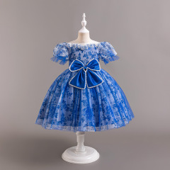 Children's Cross-border Direct Supply Small Floral Satin Dress with Flower Mesh Children's Girl Birthday Princess Dress Formal Dress