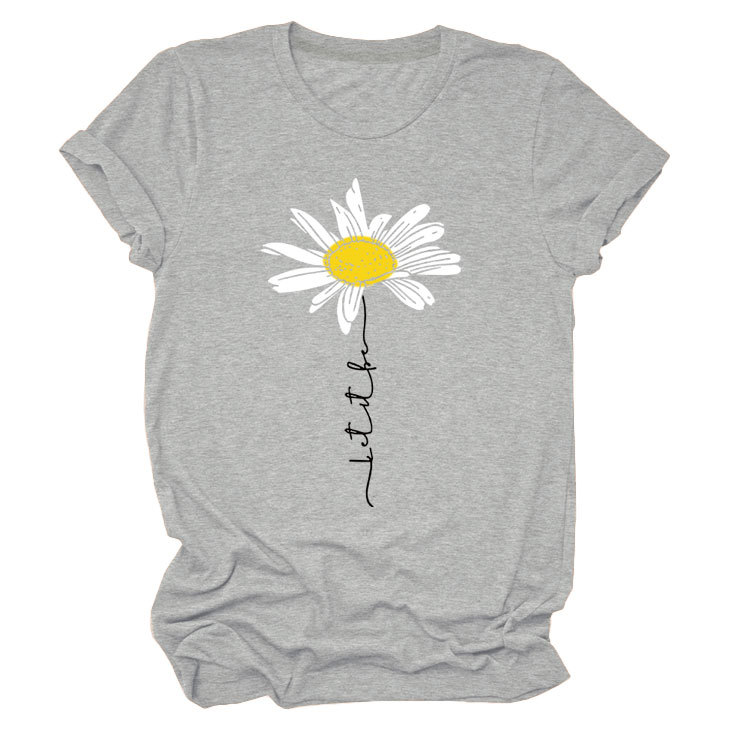 LET IT BE DAISY carta casual manga corta Amazon europeo y americano de las mujeres Top cuello redondo Camiseta suelta