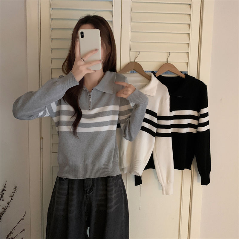 Design sense half zipper POLO collar striped sweater long sleeve women's autumn new slim slimming versatile top